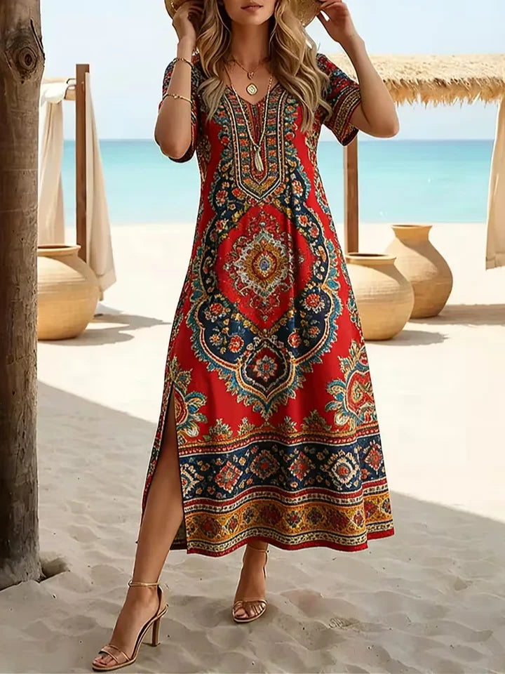 Women Ethnic Summer Printing Dress Crew Neck Short Sleeve T-Shirt Dress H-Line Dress