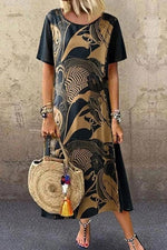 Round Neck Tribal Casual Short Sleeves Midi Dress