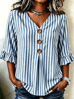 V Neck Short Sleeve Striped Regular Regular Fit Blouse For Women