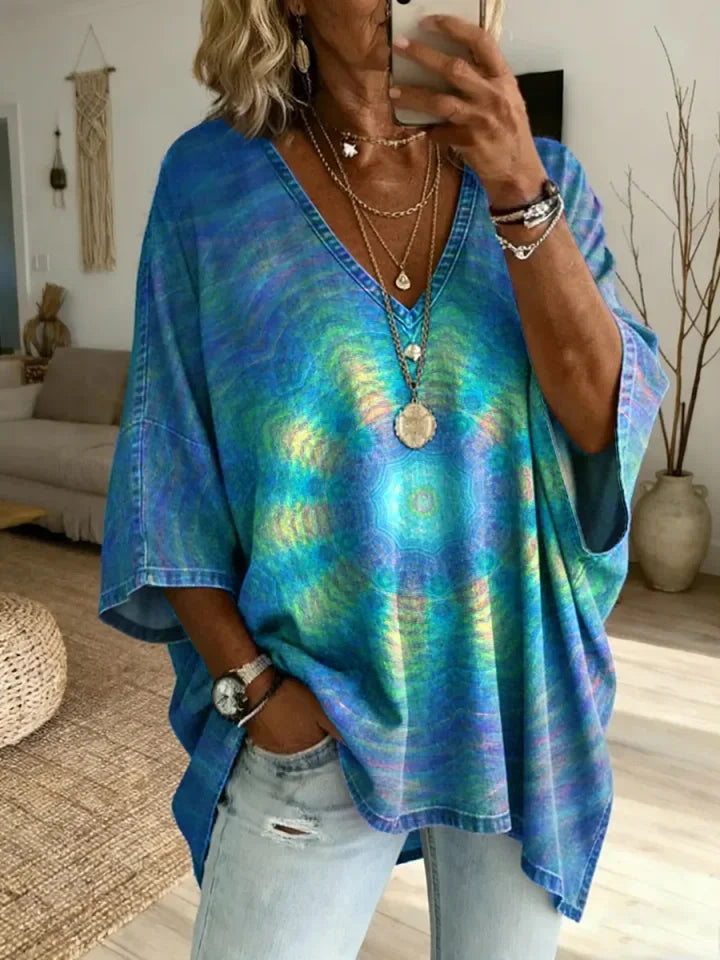 Ethnicity Kaleidoscope Purple Women's Art Print Casual Washed Cotton Denim Top