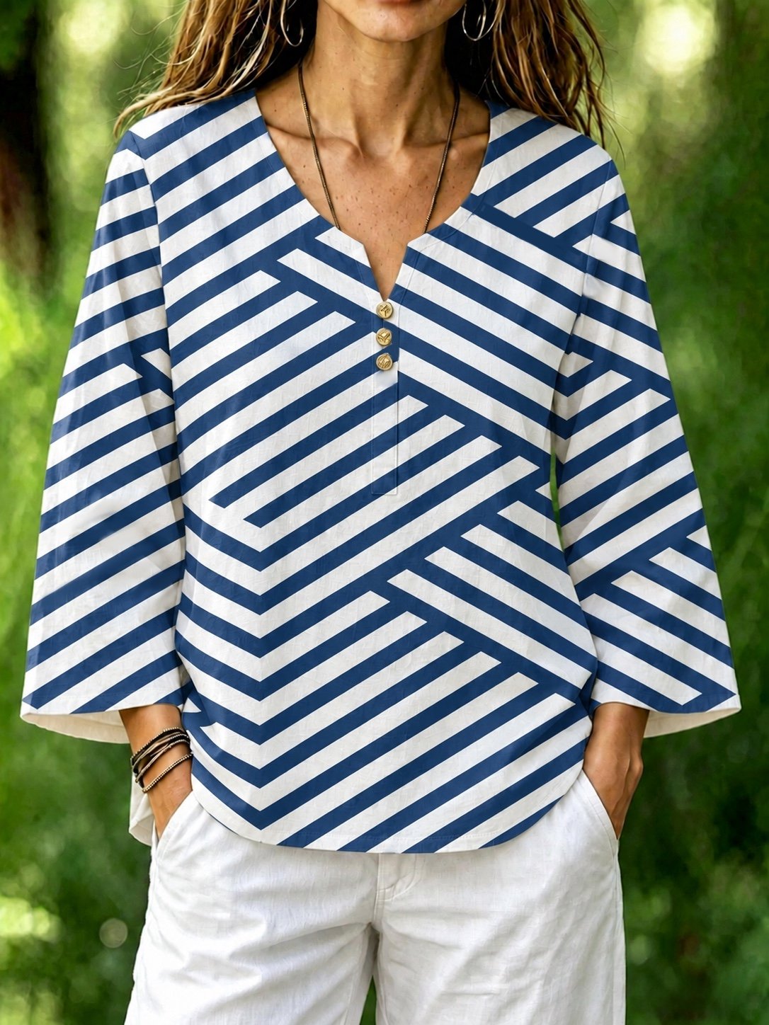 Blue White Diagonal Stripe Notch Henley Neck Flare Long Sleeve Loose Casual Blouse With Side Pockets