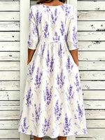 Off White Lavender Floral Crew Neck Half Sleeve A-Line Summer T-Shirt Dress
