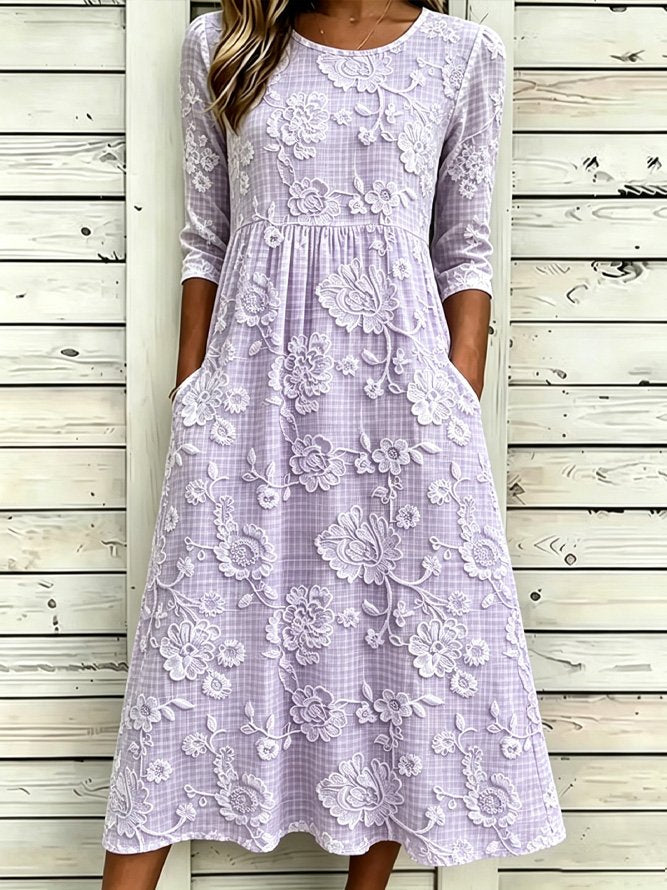 Lavender 3D Floral Embroidery Crew Neck Half Sleeve A-Line Summer T-Shirt Dress