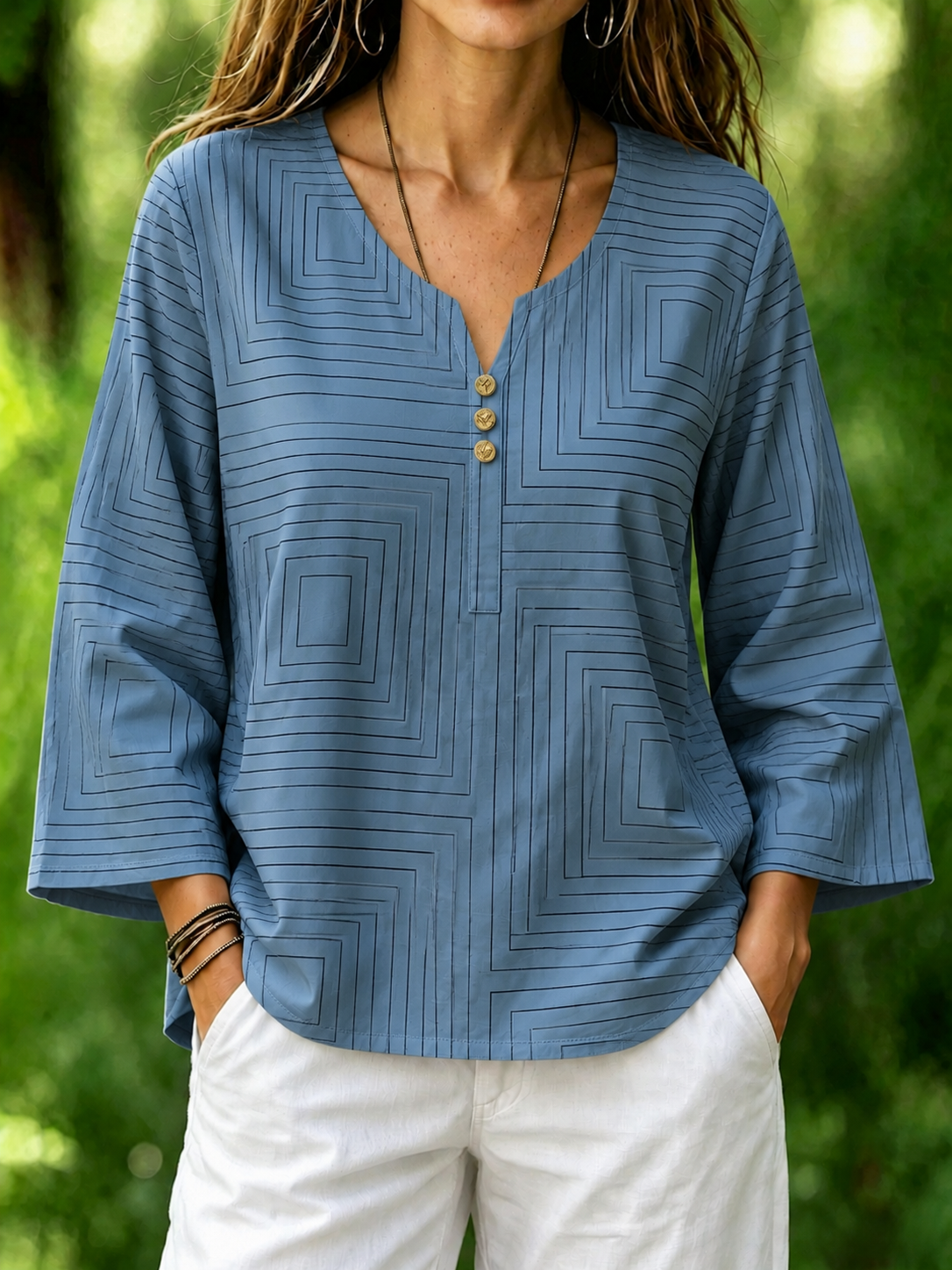 Blue Geometric Square Print Crew Neck Long Sleeve Loose Blouse For Women