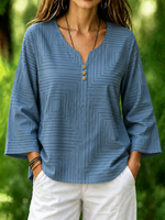 Blue Geometric Square Print Crew Neck Long Sleeve Loose Blouse For Women