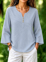 Blue Mixed Vertical Diagonal Striped Crew Neck Long Sleeve Loose Blouse For Women