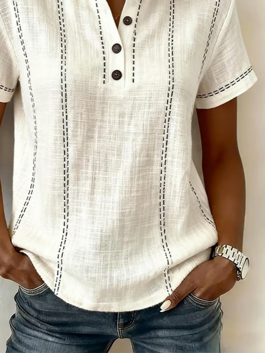 Off White Contrast Stitch V Neck Short Sleeve Regular Fit Linen Shirt For Women
