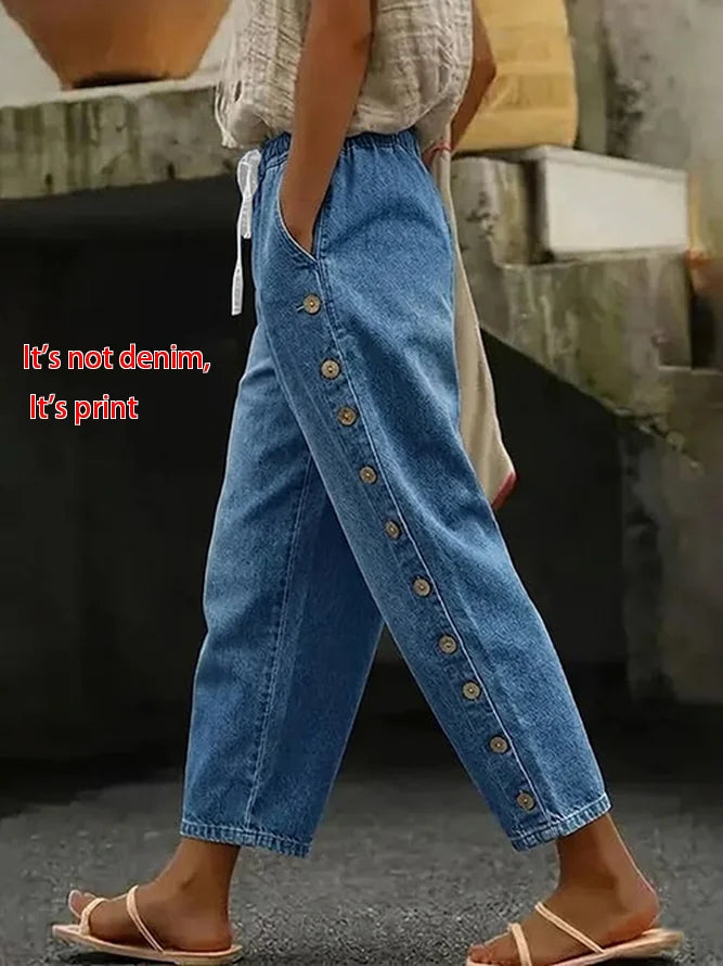 Blue Faux Denim Print Drawstring Waist Side Button H-Line Baggy Cropped Pants For Women