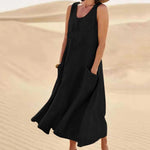 Sleeveless Round Neck Patch Pocket Linen Blend A-Line Maxi Dress For Women
