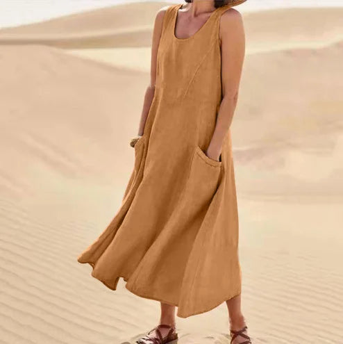 Sleeveless Round Neck Patch Pocket Linen Blend A-Line Maxi Dress For Women