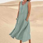Sleeveless Round Neck Patch Pocket Linen Blend A-Line Maxi Dress For Women