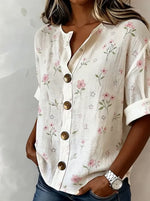 Apricot Pink Floral Print Stand Collar V-Neck Rolled Short Sleeve Linen Blend Blouse For Women