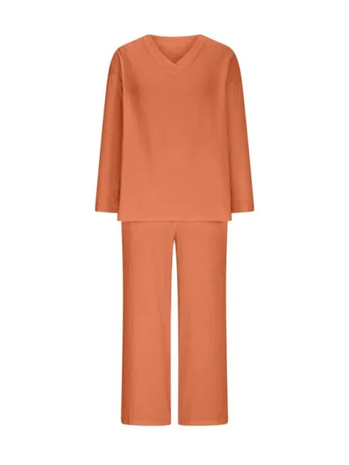 Orange Textured V-Neck Long Sleeve Top & Wide Leg Cropped Pants Two Piece Matching Linen Set For Women
