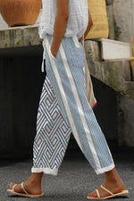 Blue Geometric Stripe Patchwork Drawstring Waist Loose Cropped Linen Pants For Women