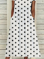 White Black Polka Dot Crew Neck Short Sleeve Gathered Waist Side Pocket Loose H-Line Maxi Shift Dress For Women