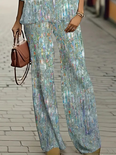 Iridescent Glitter Abstract Print Scoop Neck Long Sleeve Top & Wide Leg Pants Two Piece Matching Set For Women
