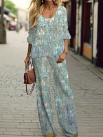 Iridescent Glitter Abstract Print Scoop Neck Long Sleeve Top & Wide Leg Pants Two Piece Matching Set For Women