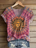 Women's V-Neck Short-Sleeve Top With Artistic Sunflower Mandala Print