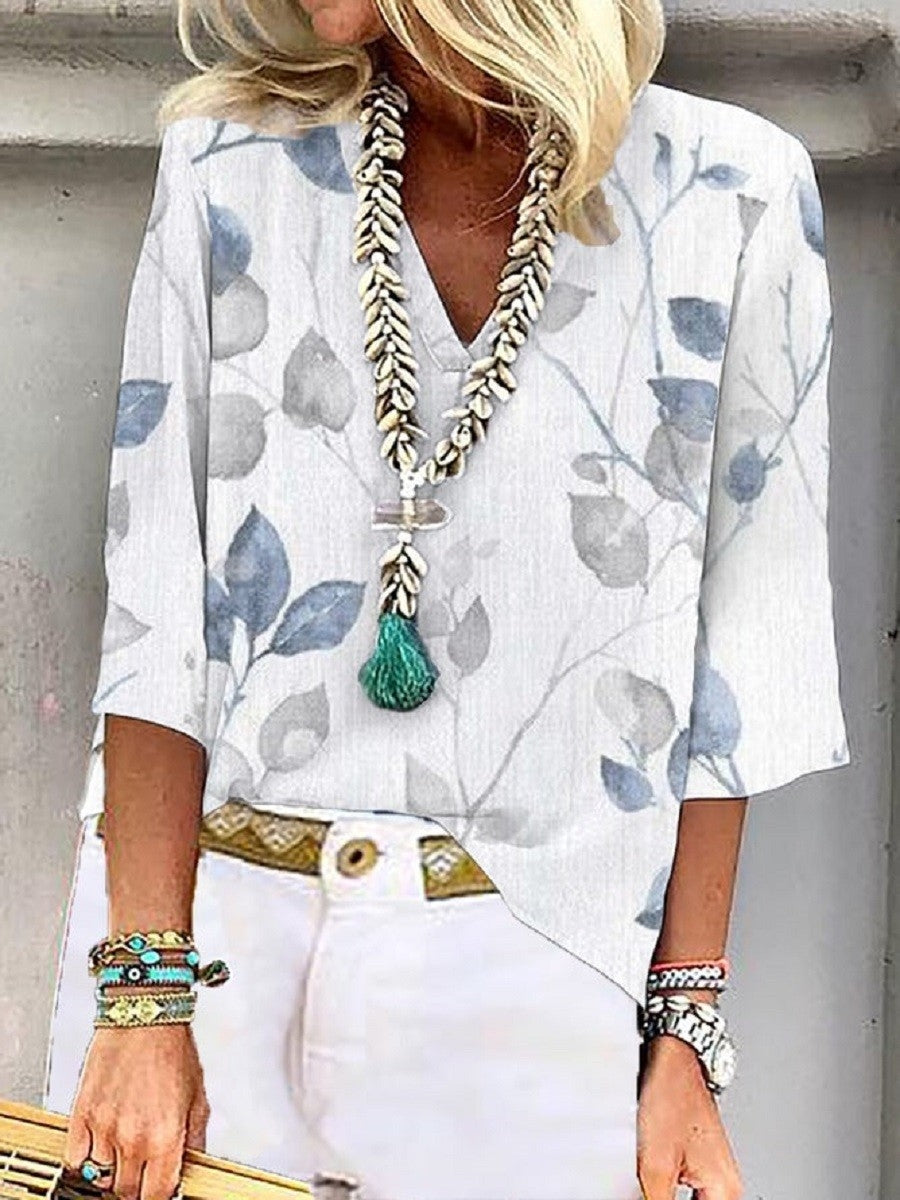 Casual Leaf Print Loose V Neck 3/4 Sleeve Blouse