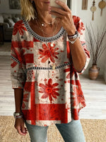 Women's Bohemian Vintage Floral Art Print Casual Round Neck Cutout Top