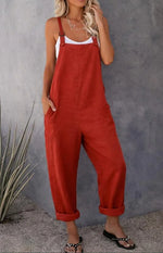 Women's Solid Linen Look Comfort Cargo Jumpsuit Pants