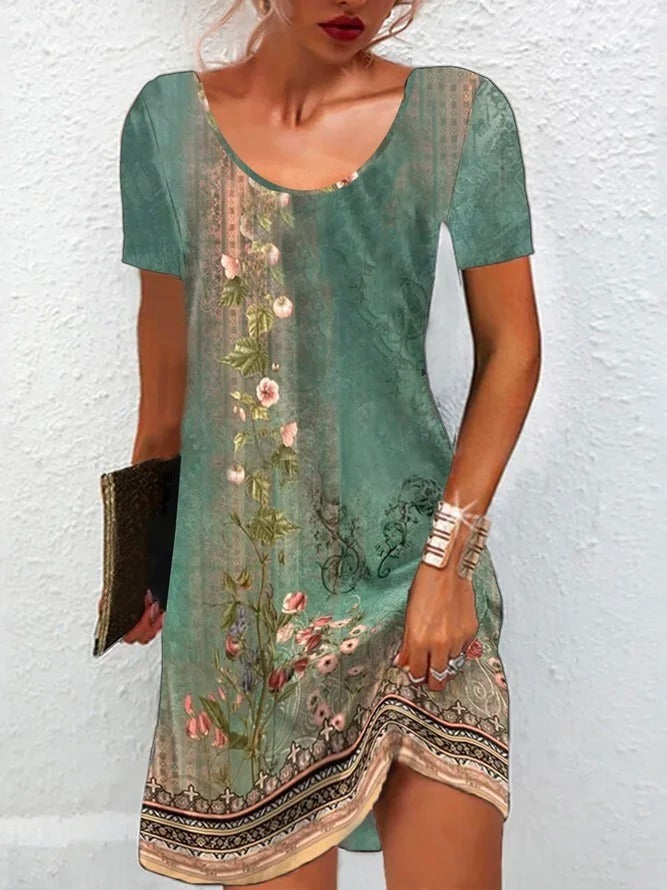 Crew Neck Loose Floral Print Short Sleeves Casual Dress