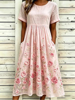 Pink Rose Floral Embroidery Crew Neck Half Sleeve Empire Waist A-Line Midi Summer T-Shirt Dress With Pockets
