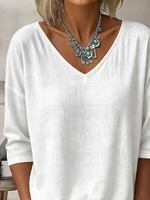 White Solid Plain V-Neck Three Quarter Loose Casual Women T-shirt