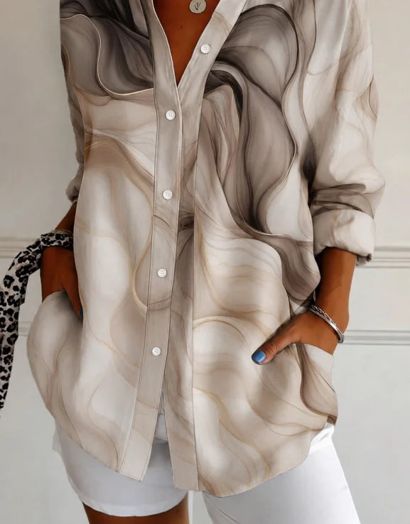 Gradient Wave Print Collared Loose Long Sleeve Shirt