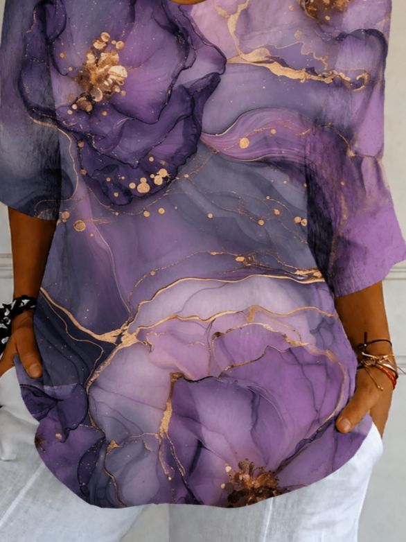Purple Marble Floral V-Neck 3/4 Sleeve Tee