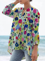 Women's Flower Print Casual Linen V-neck Shirt