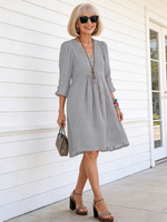 Women's Cotton and Linen 3/4 Sleeve V-neck Loose Casual Pocket Dress