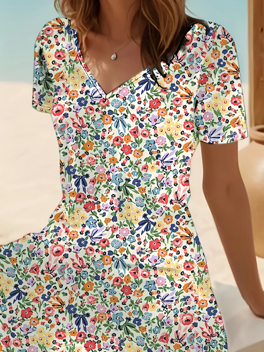 Ditsy Floral V-Neck Short Sleeve Side Slit Fit & Flare A-Line Midi Dress