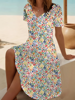 Ditsy Floral V-Neck Short Sleeve Side Slit Fit & Flare A-Line Midi Dress