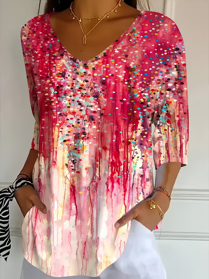 Pink Watercolor Drip Dot Abstract V-Neck Three-Quarter Sleeve Pocket Tunic T-Shirt