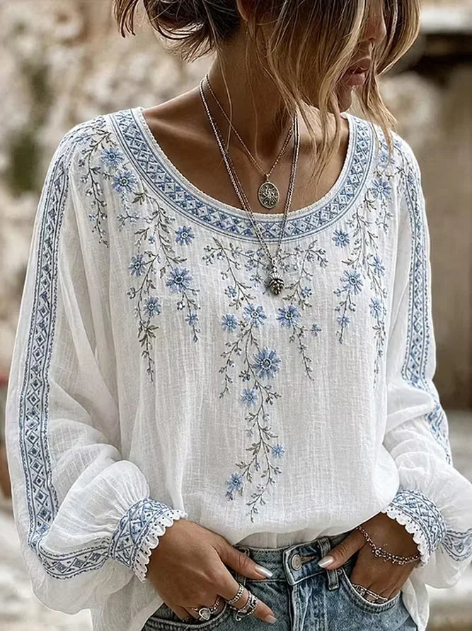 White Blue Floral Embroidery Round Neck Puff Long Sleeve Loose Blouse