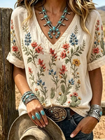 Beige Western Cactus Floral Embroidery V-Neck Rolled Short Sleeve T-Shirt