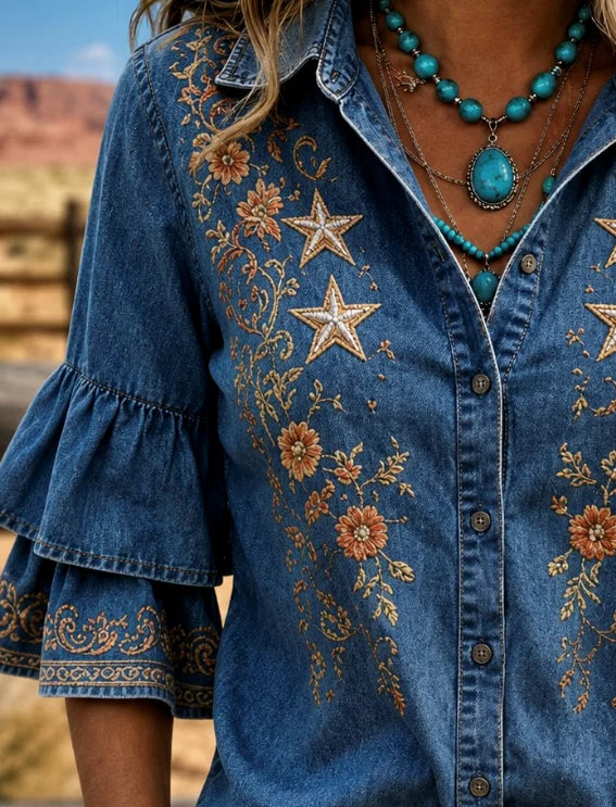 Denim Blue Western Star Floral Embroidery Lapel Double Layer Ruffle Half Sleeve Shirt