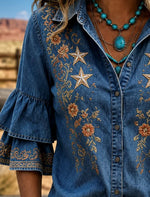 Denim Blue Western Star Floral Embroidery Lapel Double Layer Ruffle Half Sleeve Shirt