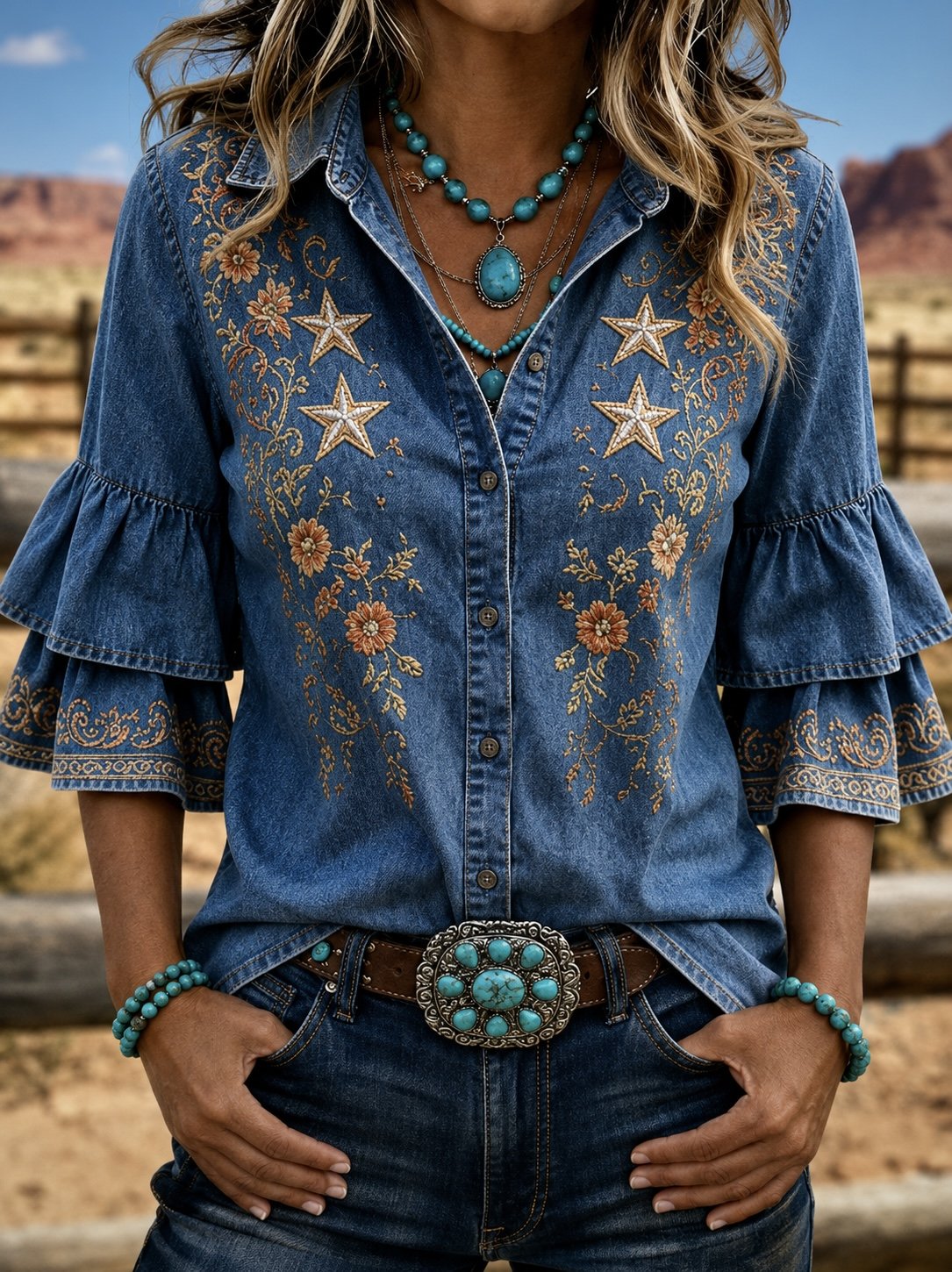 Denim Blue Western Star Floral Embroidery Lapel Double Layer Ruffle Half Sleeve Shirt