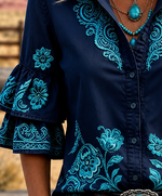 Teal Denim Floral Vine Embroidery Lapel Double Flounce Half Sleeve Button Down Shirt