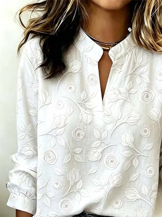 White 3D Embossed Rose Mandarin Collar Split V-Neck Long Sleeve Blouse
