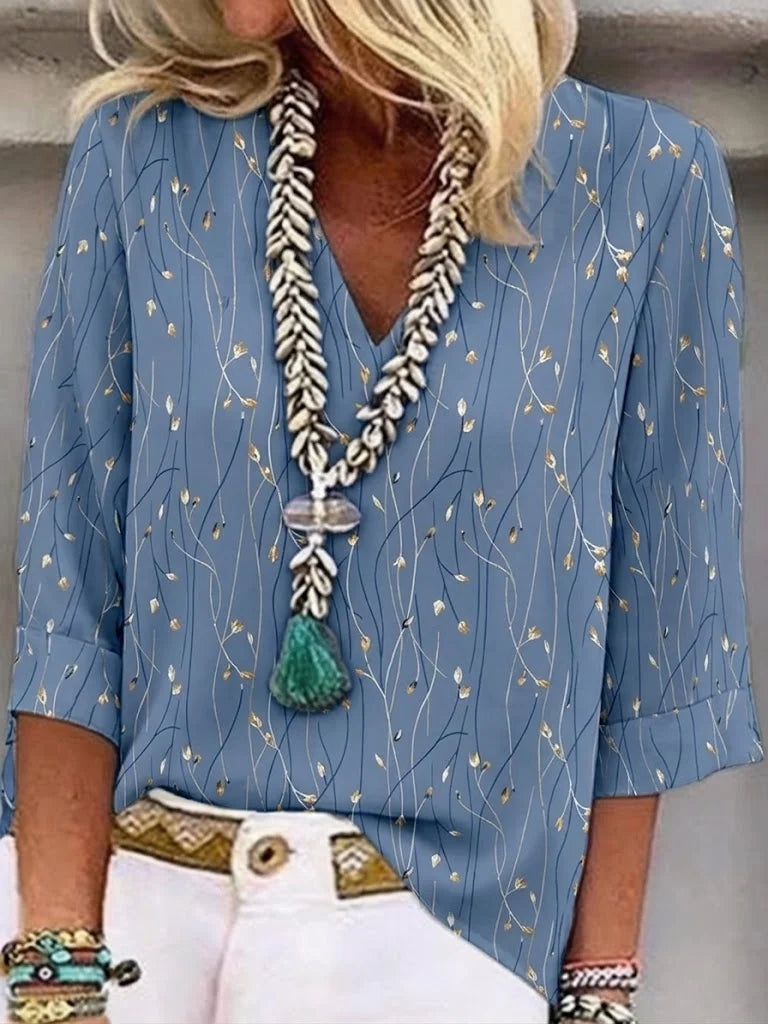 Blue Vintage Golden Branch Print V-Neck Three-Quarter Sleeve Casual Tunic Top