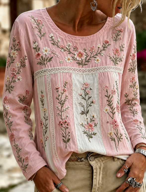 Pink Color Block Floral Embroidery Crew Neck Long Sleeve Casual T-Shirt
