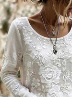 White Large Rose Floral Embroidery Scoop Neck Long Sleeve Casual T-Shirt