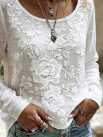 White Large Rose Floral Embroidery Scoop Neck Long Sleeve Casual T-Shirt