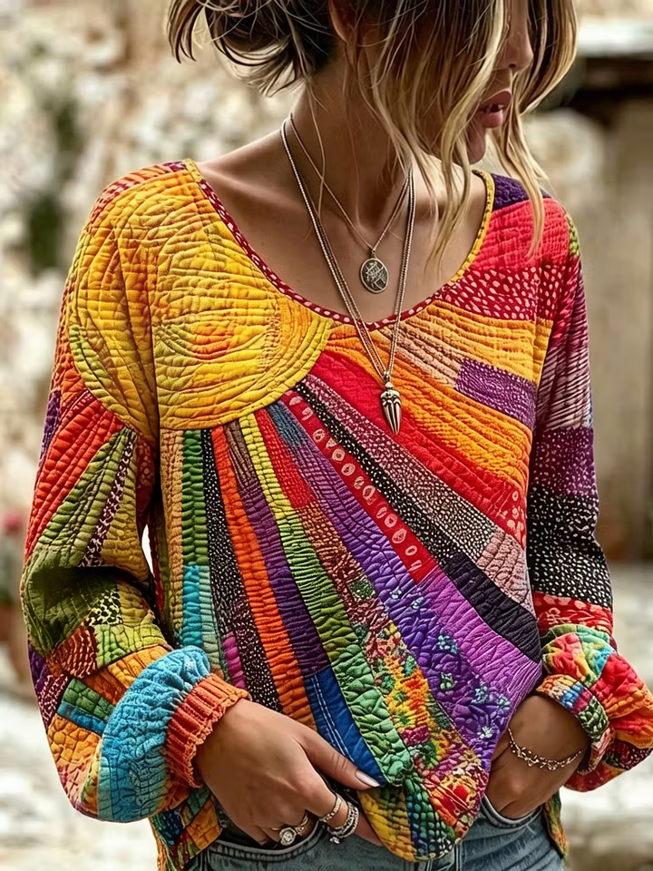 Multicolor Rainbow Patchwork Geometric Print Scoop Neck Puff Cuff Long Sleeve Loose Blouse