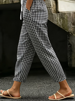 Black Gingham Plaid Elastic Drawstring Waist Casual Ankle Length Harem Pants
