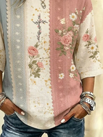 Color Block Lace Panel Rose Floral Print Crew Neck Half Sleeve Casual Blouse