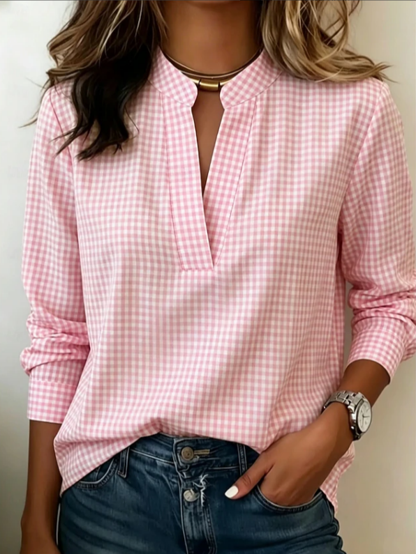 Pink Gingham Plaid Mandarin Split V-Neck Long Sleeve Regular Fit Blouse